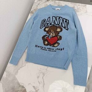 Ganni Light Blue Sweater with Bear and Heart Design